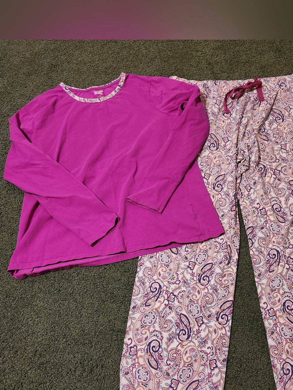 Lands' End Womens Pajama Set L Purple Long Sleeve Paisley Knit Drawstring Cotton